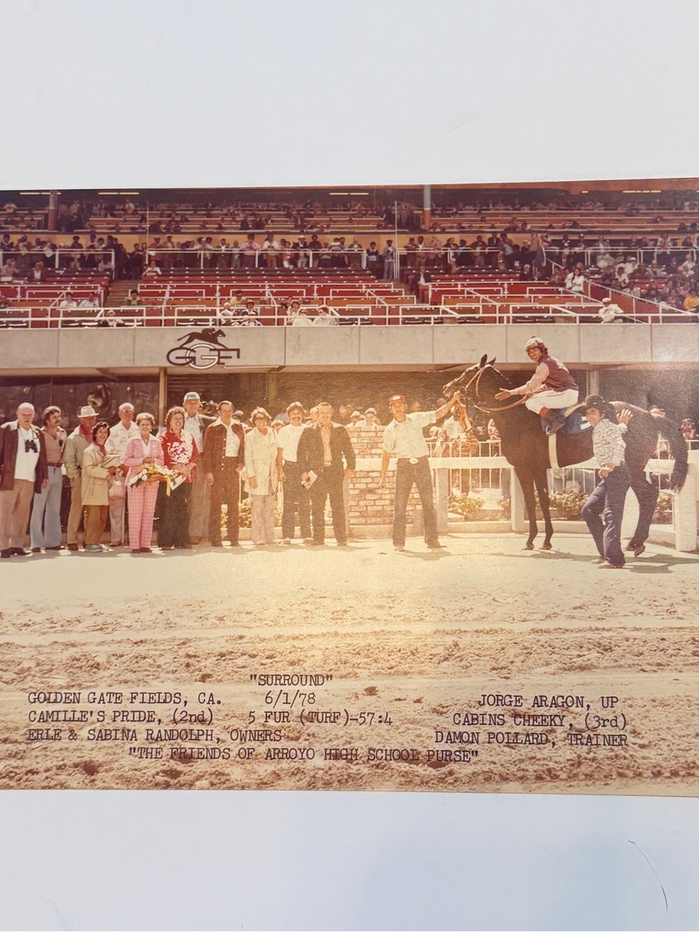 1978 Golden Gate Fields Winner's Circle Photo Horse 'Surround' Jorge Aragon 8x10